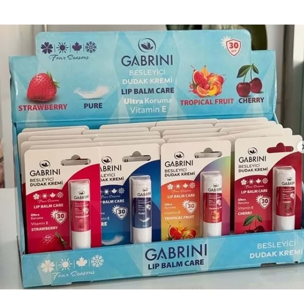 GABRİNİ DUDAK NEMLENDİRİCİSİ 24 LÜ KARIŞIK STAND ÇİLEK-VİTAMİN E -KARIŞIK MEYVE-KİRAZ