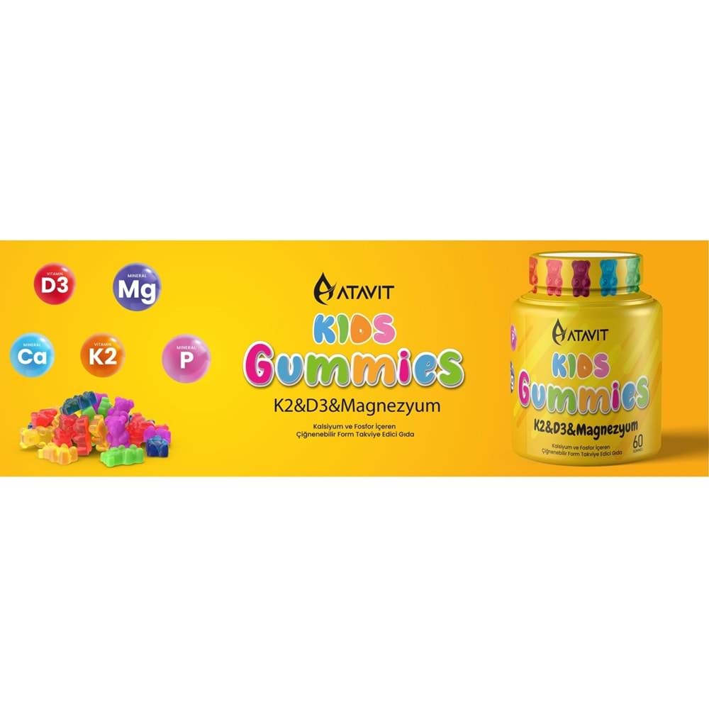 ATAVİT KİDS GUMMİES (K2 & D3 & MAGNEZYUM / ÇİĞNENEBİLİR FORM / 60 ADET)
