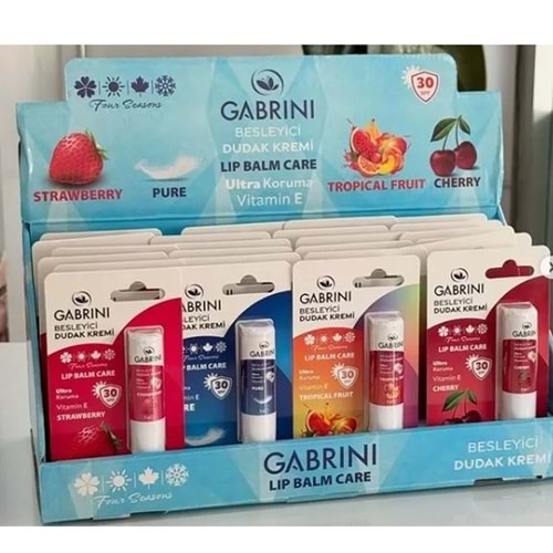 GABRİNİ DUDAK NEMLENDİRİCİSİ 24 LÜ KARIŞIK STAND ÇİLEK-VİTAMİN E -KARIŞIK MEYVE-KİRAZ